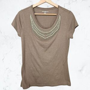New Ann Taylor Light Brown Pearl & Rhinestone Embellished Cotton T-Shirt